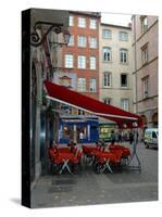 Cafe on Cobblestone Street, Rhone-Alps, Lyon, France-Lisa S. Engelbrecht-Stretched Canvas