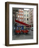 Cafe on Cobblestone Street, Rhone-Alps, Lyon, France-Lisa S. Engelbrecht-Framed Photographic Print