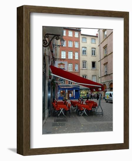 Cafe on Cobblestone Street, Rhone-Alps, Lyon, France-Lisa S. Engelbrecht-Framed Photographic Print