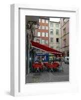 Cafe on Cobblestone Street, Rhone-Alps, Lyon, France-Lisa S. Engelbrecht-Framed Photographic Print