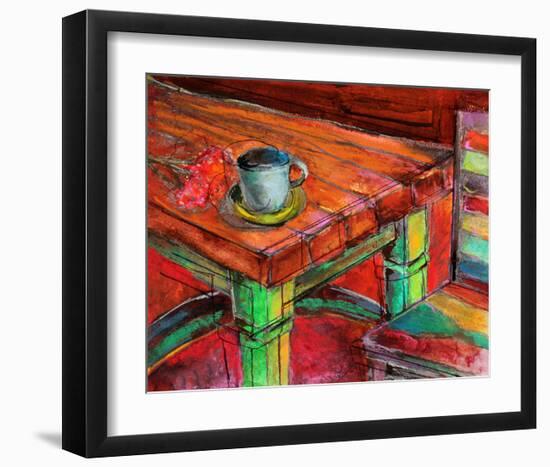 Cafe Table with Cup & Flowers-null-Framed Art Print