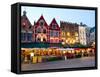 Cafes in Marketplace in Downtown Bruges, Belgium-Bill Bachmann-Framed Stretched Canvas