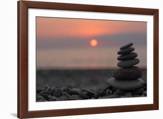 Cairn on the Beach in Front of the Rising Sun-Felix Strohbach-Framed Photographic Print