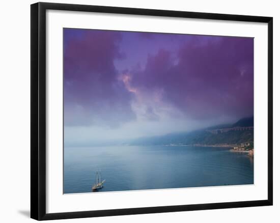 Calabrian Sunset and Sailboat, Strait of Messina, Scilla, Calabria, Italy-Walter Bibikow-Framed Photographic Print