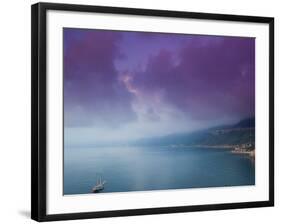 Calabrian Sunset and Sailboat, Strait of Messina, Scilla, Calabria, Italy-Walter Bibikow-Framed Photographic Print