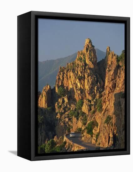 Calanche, White Granite Rocks, with Car on Road Below, Near Piana, Corsica, France, Europe-Tomlinson Ruth-Framed Stretched Canvas