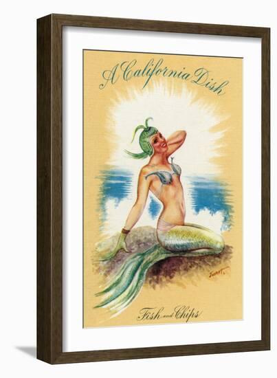 California - A Californian Dish, Fish and Chips; A Pretty Mermaid-Lantern Press-Framed Art Print