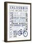 California and Bike Icon - Typography-Lantern Press-Framed Art Print