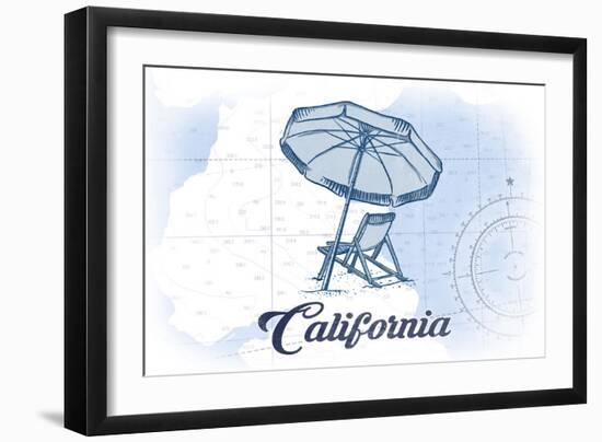 California - Beach Chair and Umbrella - Blue - Coastal Icon-Lantern Press-Framed Art Print