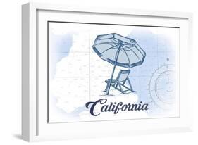 California - Beach Chair and Umbrella - Blue - Coastal Icon-Lantern Press-Framed Art Print