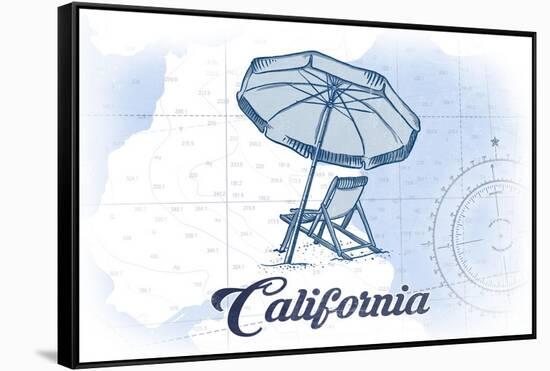 California - Beach Chair and Umbrella - Blue - Coastal Icon-Lantern Press-Framed Stretched Canvas