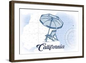 California - Beach Chair and Umbrella - Blue - Coastal Icon-Lantern Press-Framed Art Print