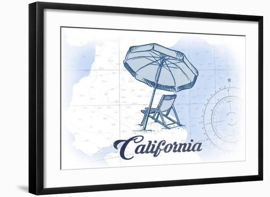 California - Beach Chair and Umbrella - Blue - Coastal Icon-Lantern Press-Framed Art Print