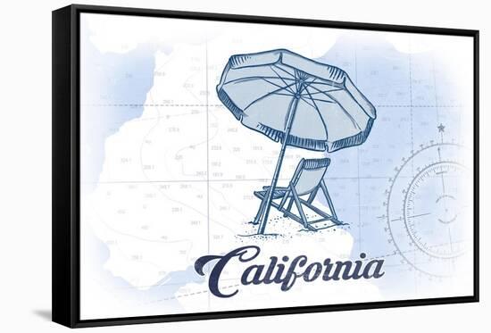 California - Beach Chair and Umbrella - Blue - Coastal Icon-Lantern Press-Framed Stretched Canvas