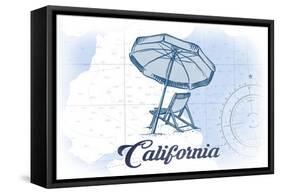 California - Beach Chair and Umbrella - Blue - Coastal Icon-Lantern Press-Framed Stretched Canvas