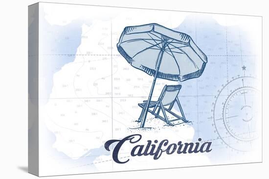 California - Beach Chair and Umbrella - Blue - Coastal Icon-Lantern Press-Stretched Canvas