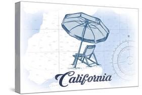 California - Beach Chair and Umbrella - Blue - Coastal Icon-Lantern Press-Stretched Canvas