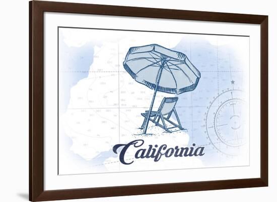 California - Beach Chair and Umbrella - Blue - Coastal Icon-Lantern Press-Framed Art Print