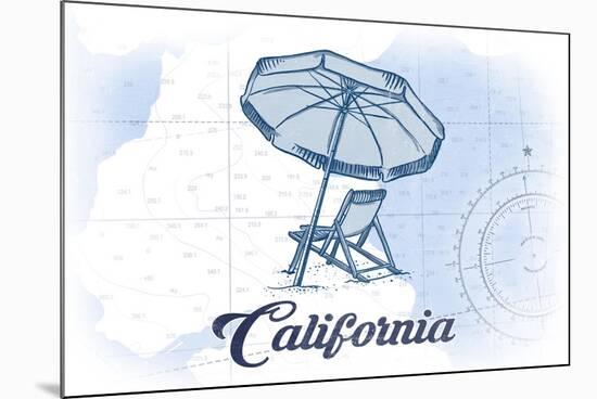 California - Beach Chair and Umbrella - Blue - Coastal Icon-Lantern Press-Mounted Art Print