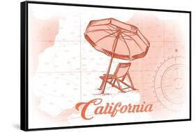 California - Beach Chair and Umbrella - Coral - Coastal Icon-Lantern Press-Framed Stretched Canvas