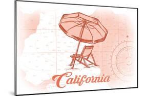 California - Beach Chair and Umbrella - Coral - Coastal Icon-Lantern Press-Mounted Art Print