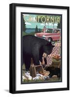 California - Bear and Picnic Scene-Lantern Press-Framed Art Print