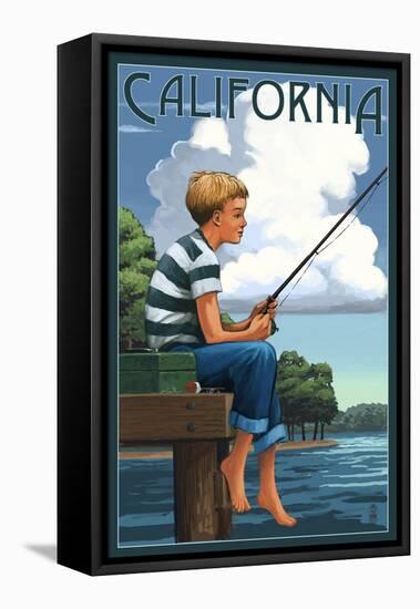 California - Boy Fishing-Lantern Press-Framed Stretched Canvas