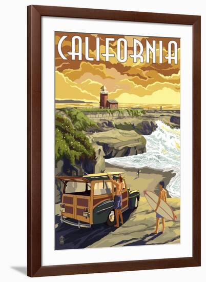 California Coast - Woody and Lighthouse-Lantern Press-Framed Art Print