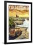 California Coast - Woody and Lighthouse-Lantern Press-Framed Art Print