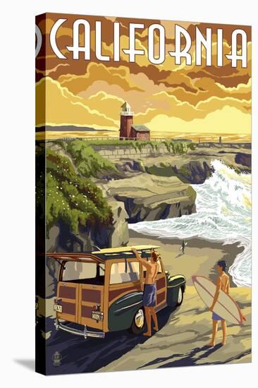 California Coast - Woody and Lighthouse-Lantern Press-Stretched Canvas