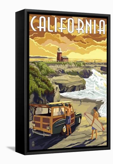 California Coast - Woody and Lighthouse-Lantern Press-Framed Stretched Canvas