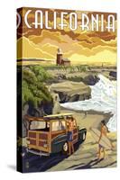 California Coast - Woody and Lighthouse-Lantern Press-Stretched Canvas