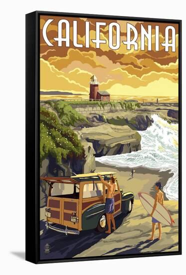 California Coast - Woody and Lighthouse-Lantern Press-Framed Stretched Canvas