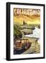 California Coast - Woody and Lighthouse-Lantern Press-Framed Art Print