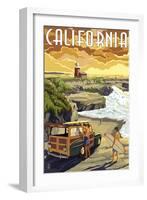 California Coast - Woody and Lighthouse-Lantern Press-Framed Art Print