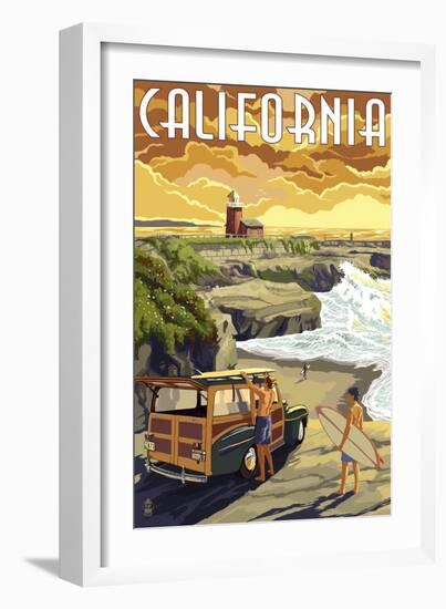 California Coast - Woody and Lighthouse-Lantern Press-Framed Art Print