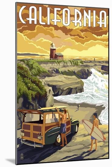 California Coast - Woody and Lighthouse-Lantern Press-Mounted Art Print