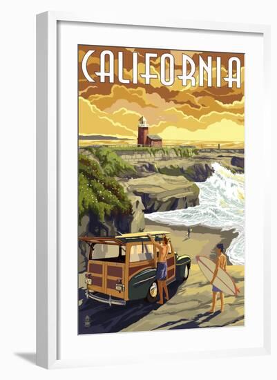 California Coast - Woody and Lighthouse-Lantern Press-Framed Art Print
