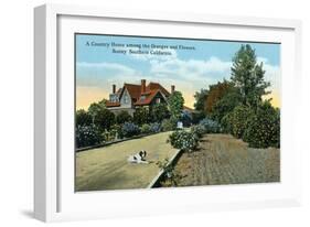 California - Country Home Among Oranges and Flowers Scene-Lantern Press-Framed Art Print