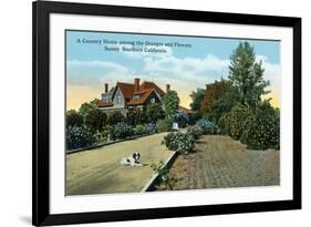 California - Country Home Among Oranges and Flowers Scene-Lantern Press-Framed Premium Giclee Print