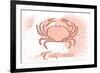 California - Crab - Coral - Coastal Icon-Lantern Press-Framed Premium Giclee Print
