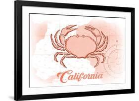 California - Crab - Coral - Coastal Icon-Lantern Press-Framed Premium Giclee Print