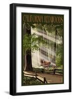 California - Deer and Fawns in Redwoods-Lantern Press-Framed Art Print