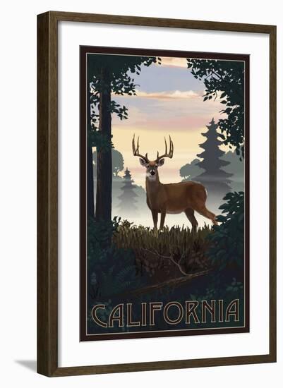 California - Deer and Sunrise-Lantern Press-Framed Art Print