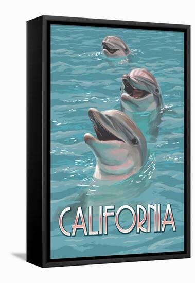 California - Dolphins-Lantern Press-Framed Stretched Canvas