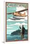 California - Float Plane and Fisherman-Lantern Press-Framed Art Print