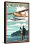 California - Float Plane and Fisherman-Lantern Press-Framed Stretched Canvas