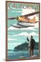 California - Float Plane and Fisherman-Lantern Press-Mounted Art Print