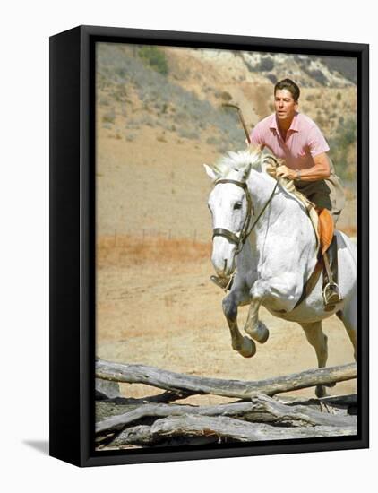 California Governor Candidate Ronald Reagan Riding Horse at Home on Ranch-Bill Ray-Framed Stretched Canvas