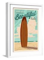 California - Life is a Beautiful Ride - Surfboard - Letterpress-Lantern Press-Framed Art Print